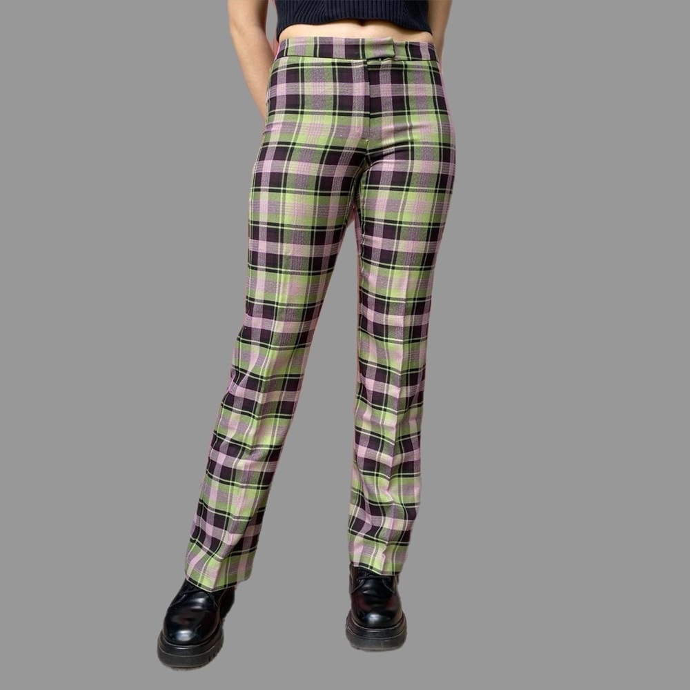 Plaid Straight-Leg Women’s Pants in Lavender & Lime